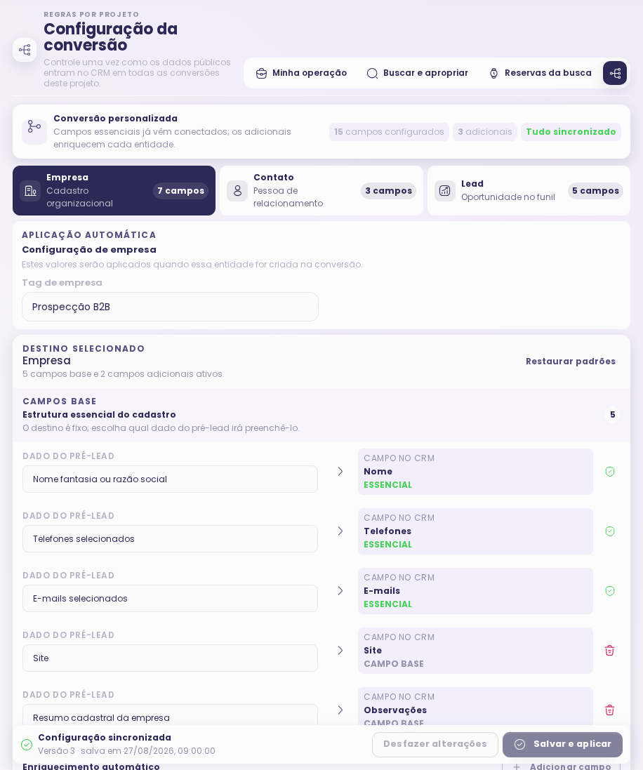 Tela Configuração da conversão da Prospecção B2B com entidades, campos base e enriquecimento automático