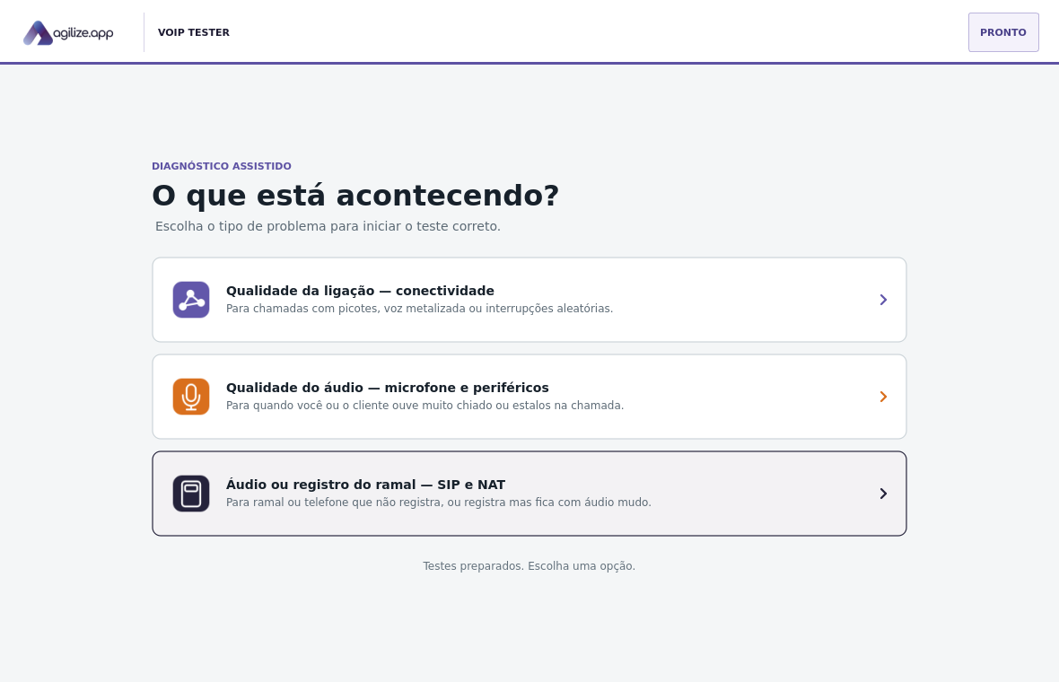 Tela inicial do Agilize VoIP Tester com os testes de conectividade, microfone e SIP/NAT