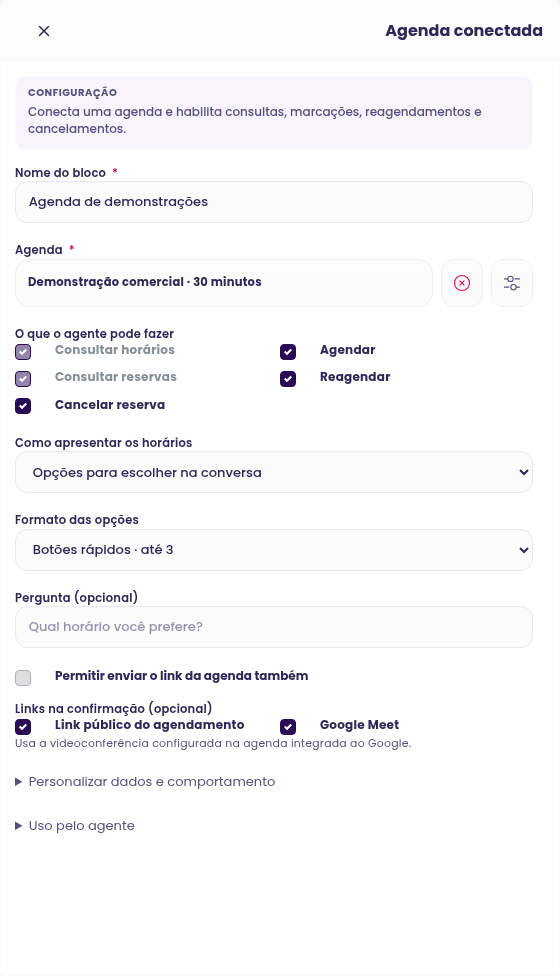 Agenda conectada com ações habilitadas, apresentação por opções e links de confirmação
