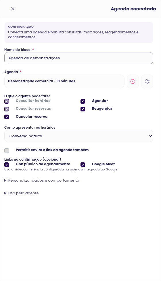 Apresentação dos horários por conversa natural