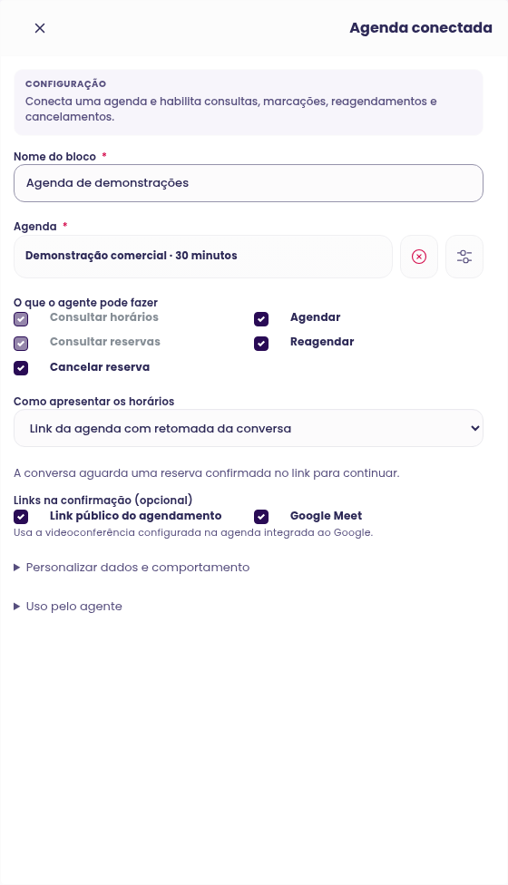 Configuração do modo de link com retomada da conversa