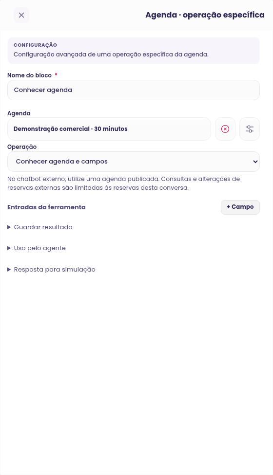 Configuração do bloco Agenda · operação específica no construtor de Agentes Avançados