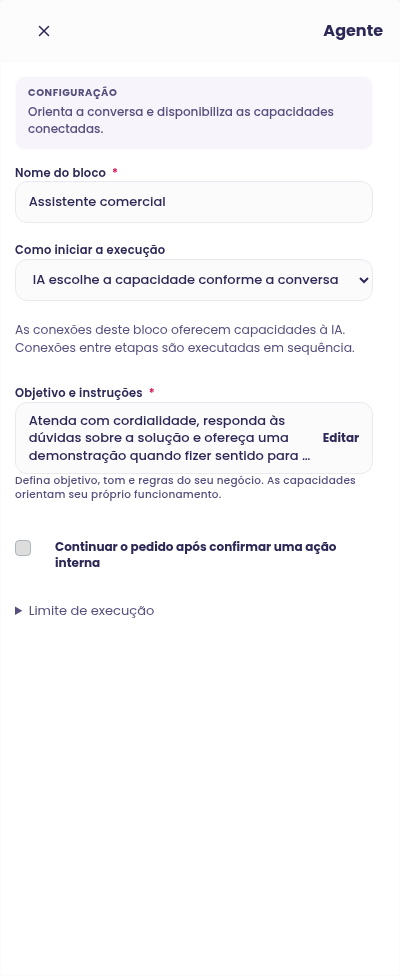 Configuração do bloco Agente no construtor de Agentes Avançados