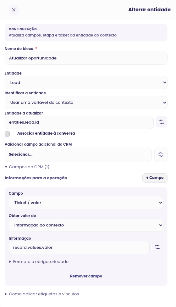 Configuração do bloco Alterar entidade no construtor de Agentes Avançados