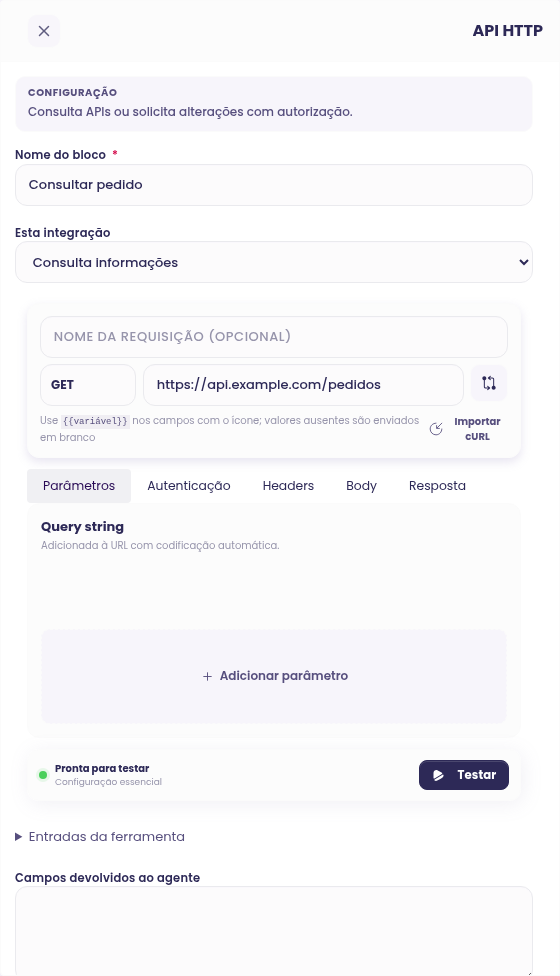 Configuração do bloco API HTTP no construtor de Agentes Avançados