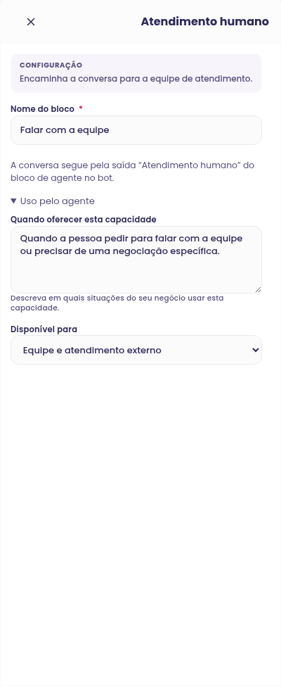 Configuração do bloco Atendimento humano no construtor de Agentes Avançados