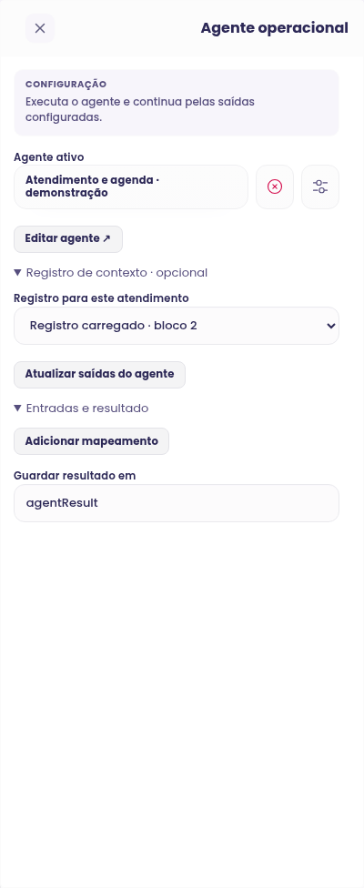 Configuração do node Agente operacional no fluxo do bot