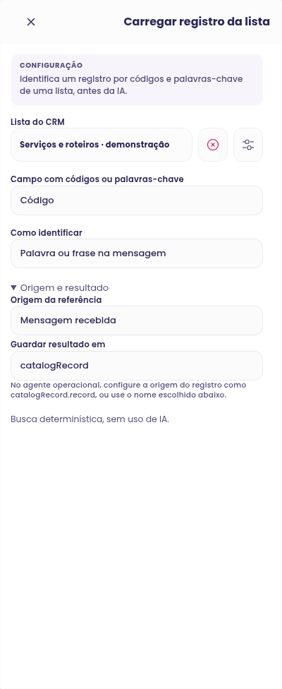 Configuração da lista, campo de códigos, modo de identificação e resultado