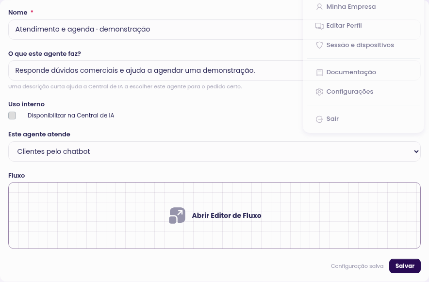 Cadastro do agente com nome, descrição, público e acesso interno