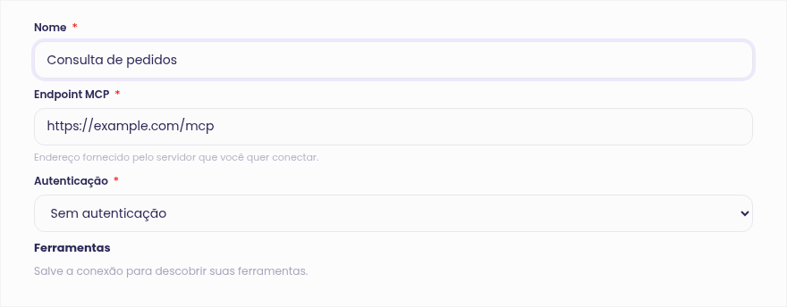 Cadastro de conexão MCP com nome, endpoint e método de autenticação