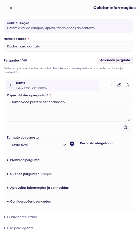 Configuração do bloco Coletar informações no construtor de Agentes Avançados