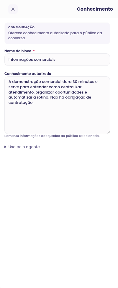Configuração do bloco Conhecimento no construtor de Agentes Avançados