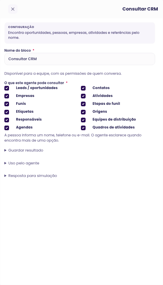 Configuração do bloco Consultar CRM no construtor de Agentes Avançados