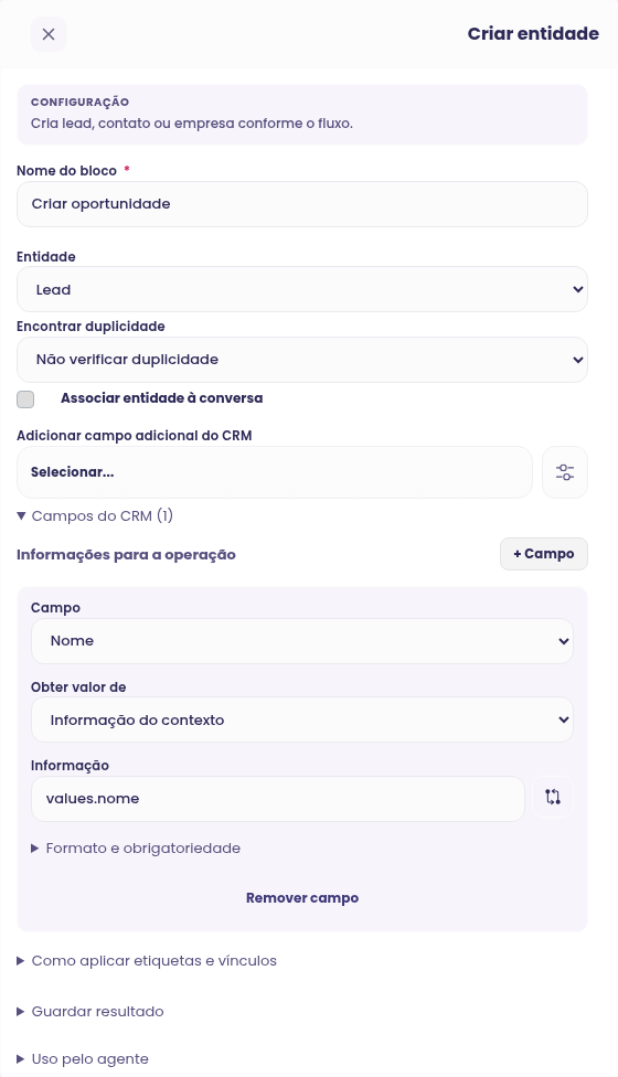 Configuração do bloco Criar entidade no construtor de Agentes Avançados