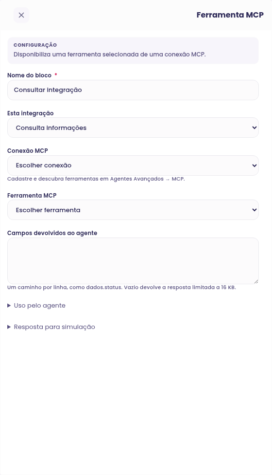 Configuração do bloco Ferramenta MCP no construtor de Agentes Avançados