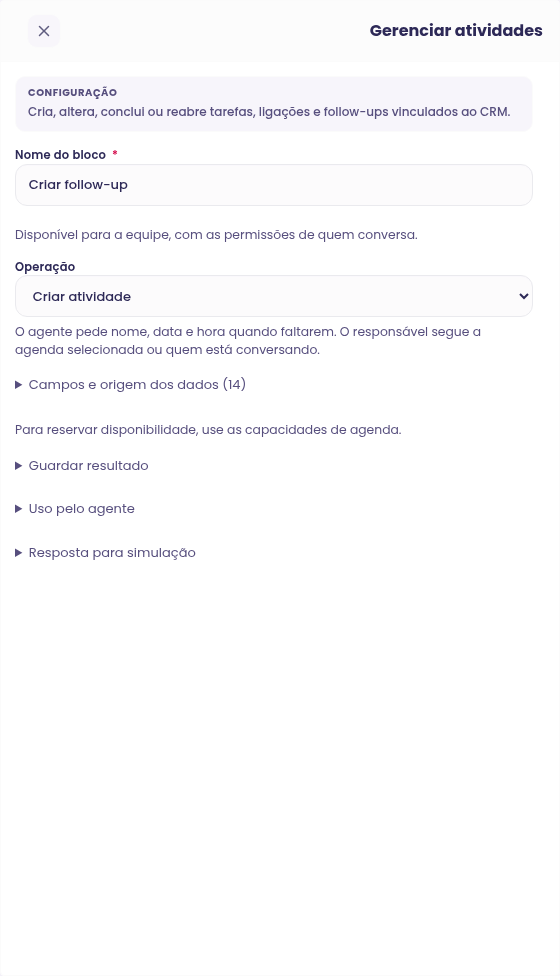 Configuração do bloco Gerenciar atividades no construtor de Agentes Avançados