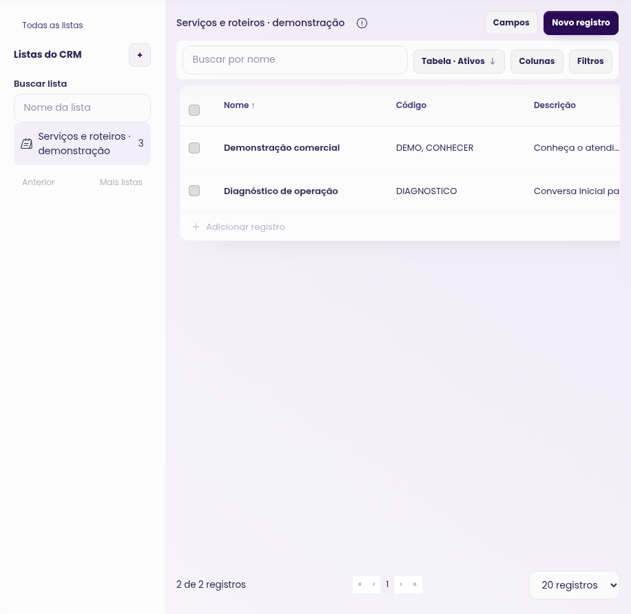 Lista do CRM com serviços e referência ao procedimento compartilhado