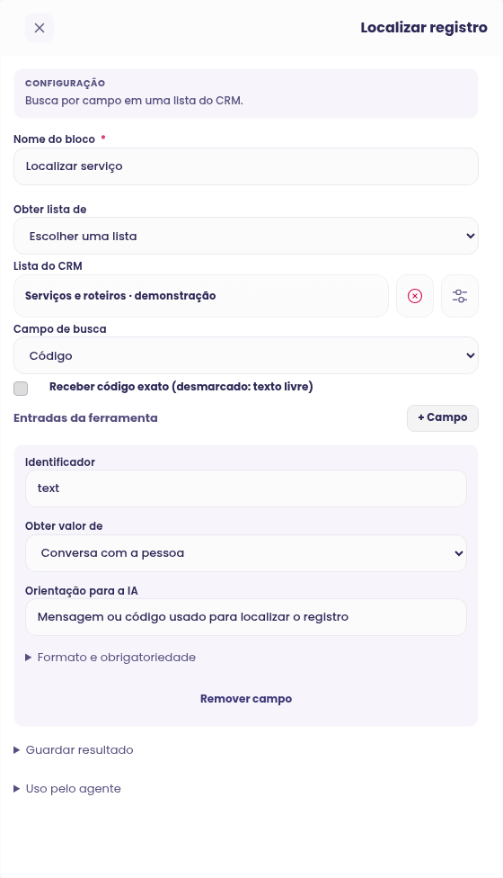 Configuração do bloco Localizar registro no construtor de Agentes Avançados
