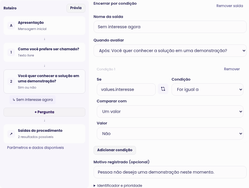 Regra de encerramento avaliada após a resposta de interesse