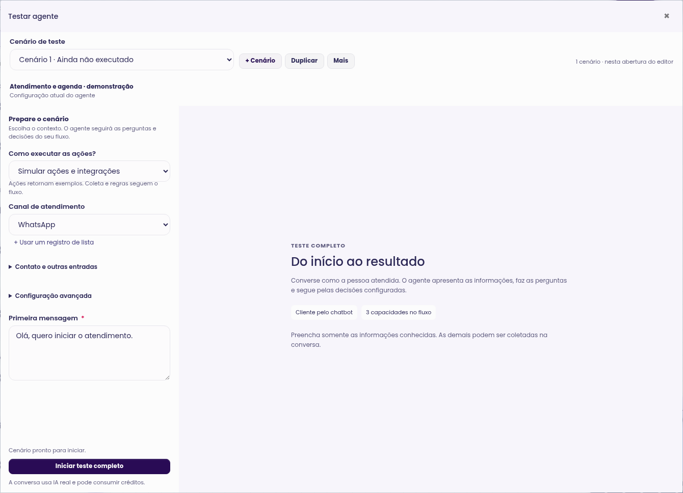 Ferramenta de teste com cenário, modo das ações, canal e mensagem inicial