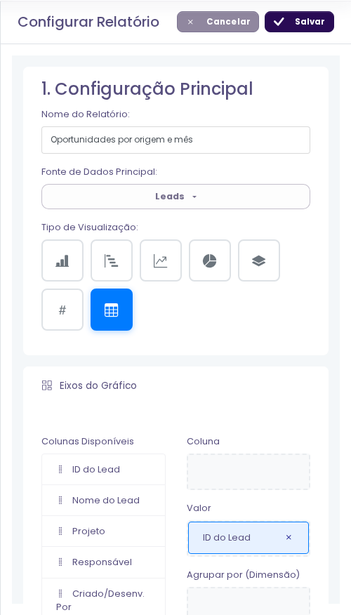 Configuração de item de relatório com fonte de dados, tipo de visualização e seleção de campos