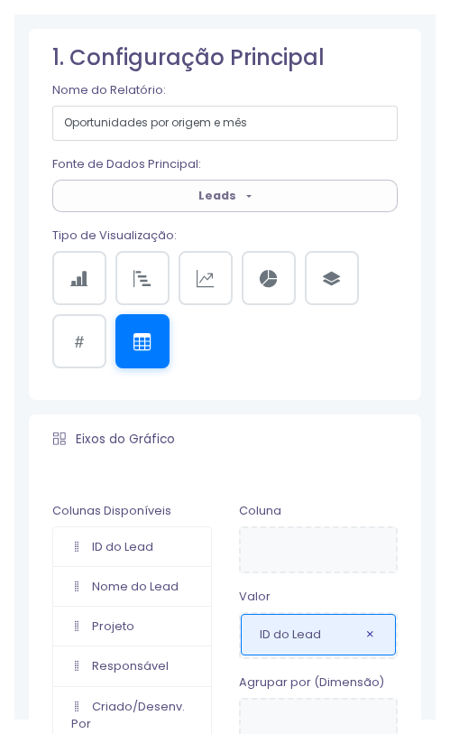 Configuração de BI mostrando fonte de dados e campos disponíveis para montar relatório