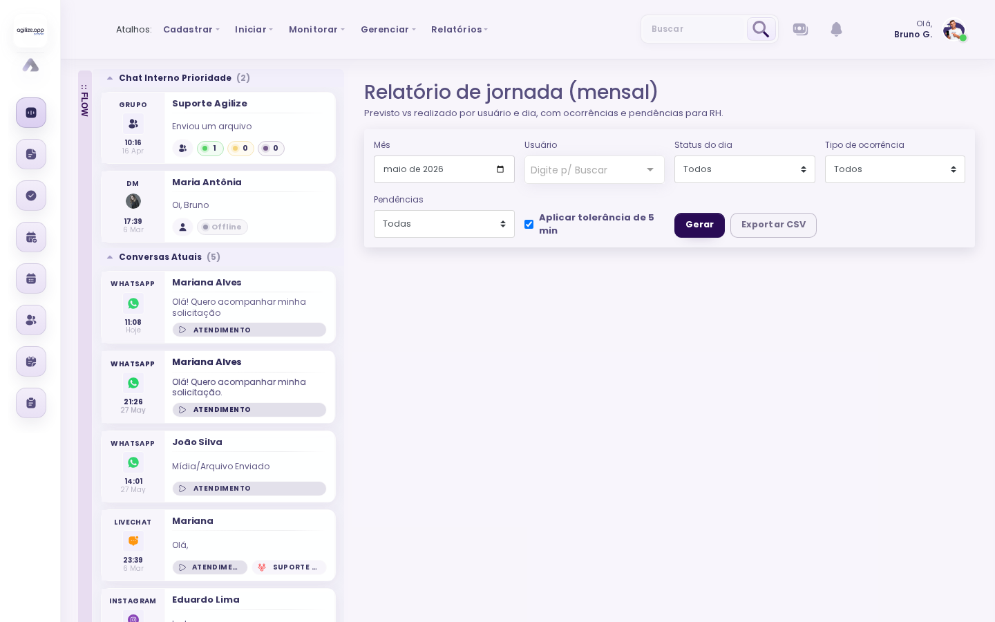 Relatório de jornada do módulo Workforce com filtros e registros de presença