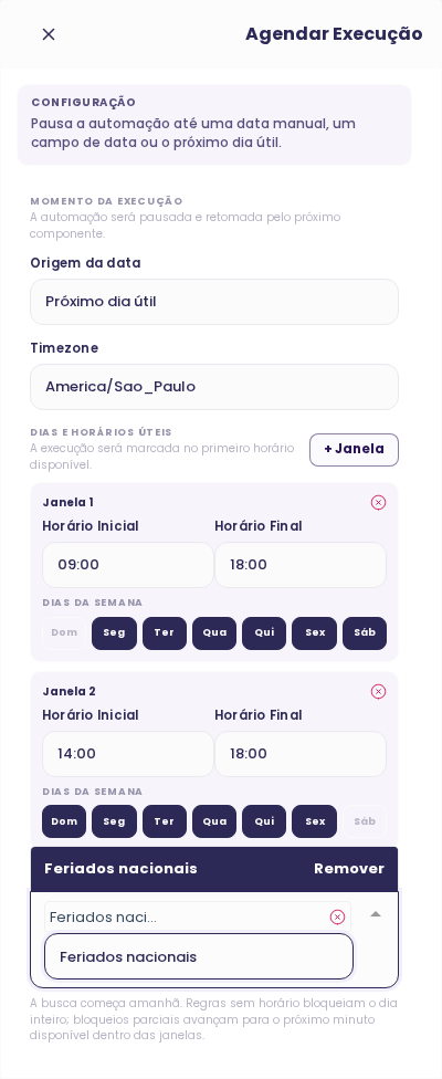Configuração do node Agendar Execução com duas janelas úteis e calendário de feriados