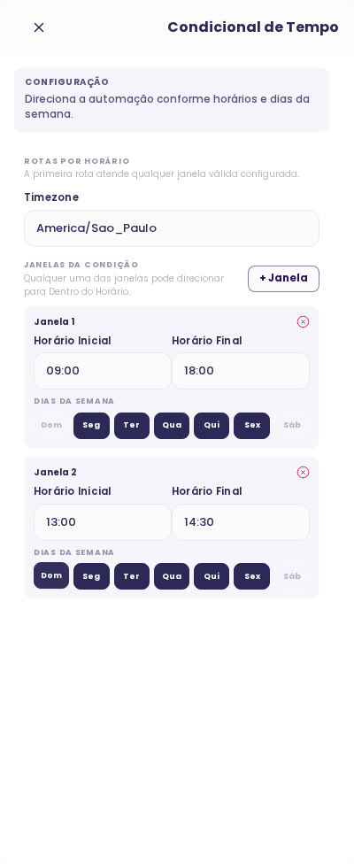 Configuração do node Condicional de Tempo com duas janelas semanais