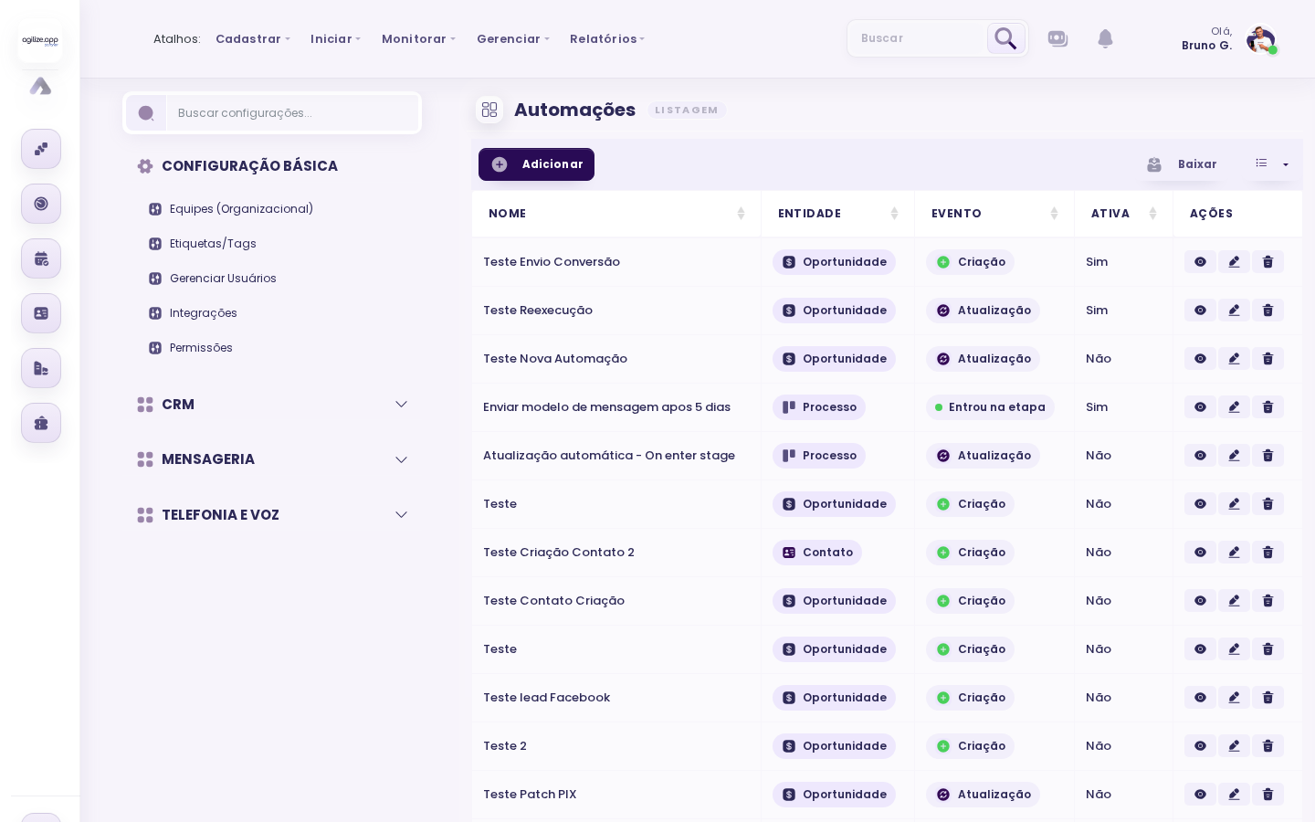 Tela de automações de CRM para criar regras, eventos e ações automáticas
