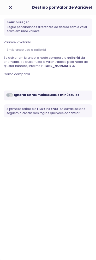 Configuração do node Destino por Valor de Variável no fluxo de voz