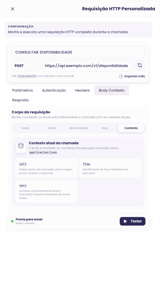 Configuração do node Requisição HTTP Personalizada no fluxo de voz com o body Contexto selecionado