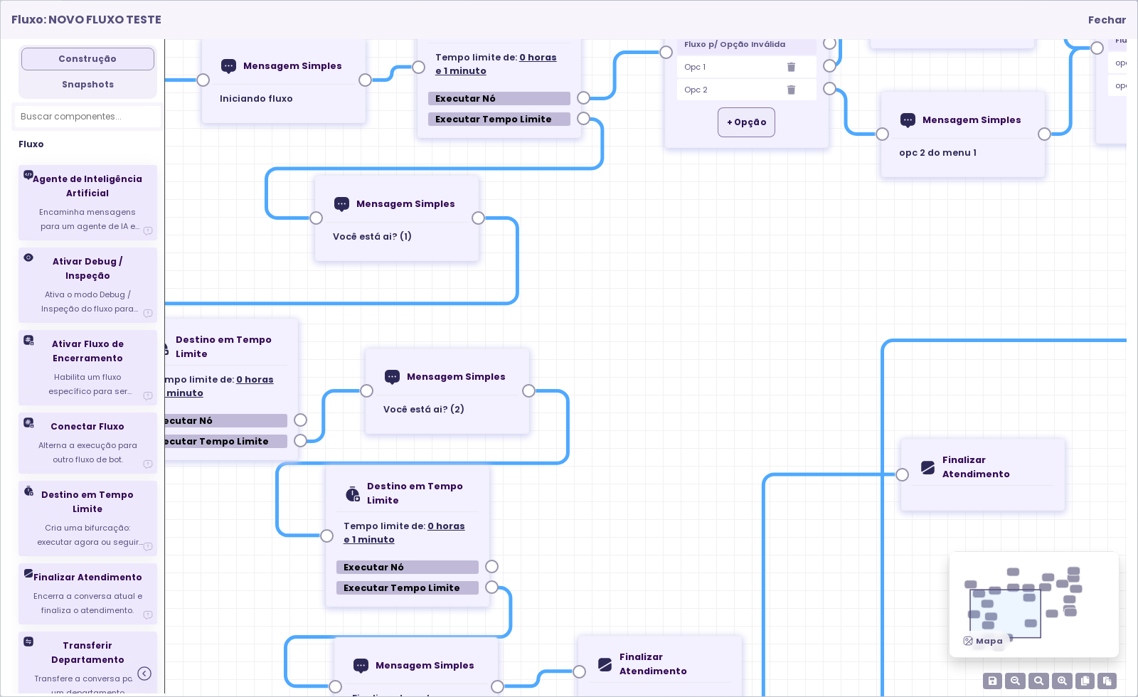 Editor visual de fluxo do bot com componentes disponíveis e caminhos conectados no canvas