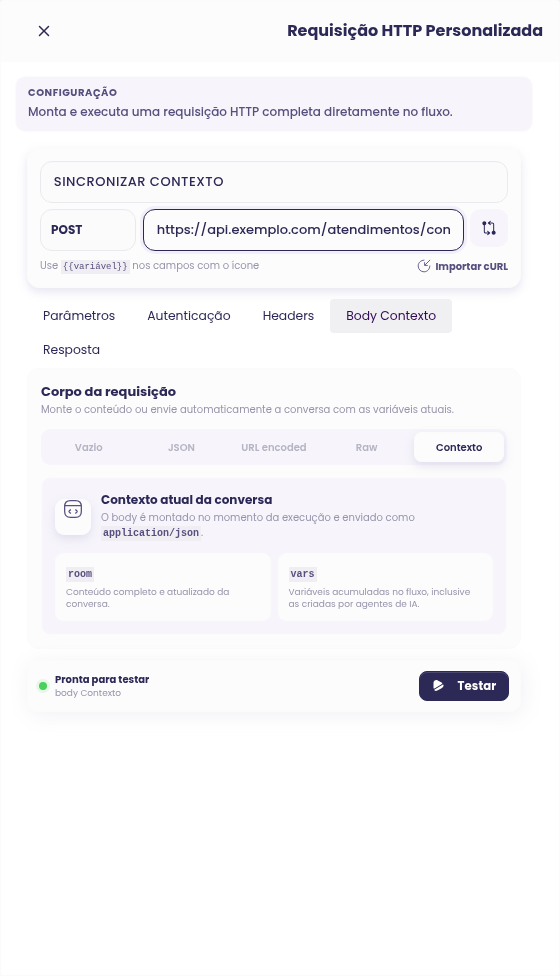 Configuração do node Requisição HTTP Personalizada com o body Contexto selecionado