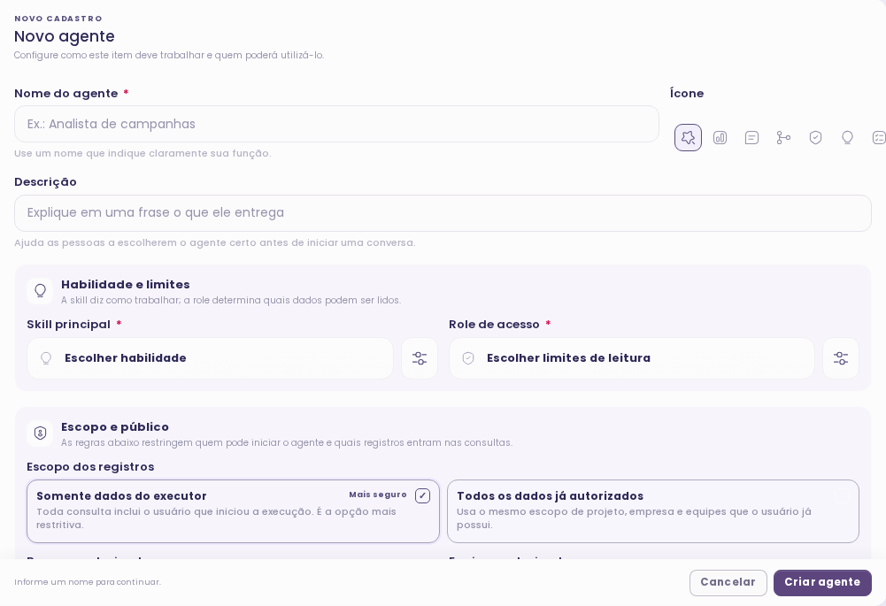 Formulário de configuração de um novo assistente de IA