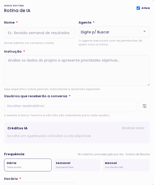 Formulário de uma nova Rotina de IA com agente, instrução, destinatários e frequência