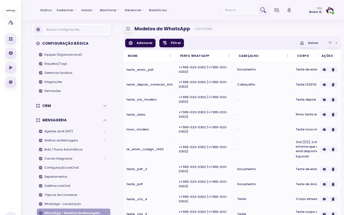 Tela de modelos de mensagem WhatsApp com listagem e ações de cadastro