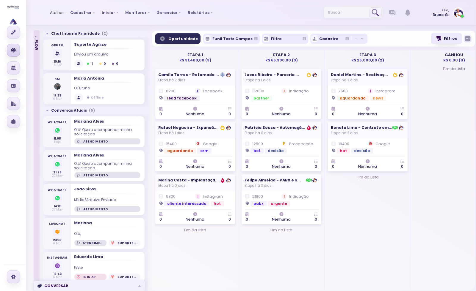 Quadro de oportunidades do CRM com funil, etapas e cards de negociação