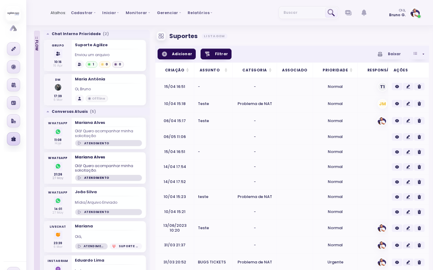 Listagem de suportes com registros, filtros e acompanhamento de atendimento