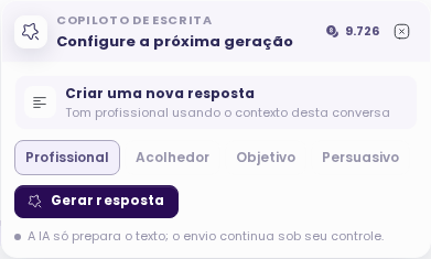 Painel do Copiloto de escrita com geração de resposta e seleção de tom