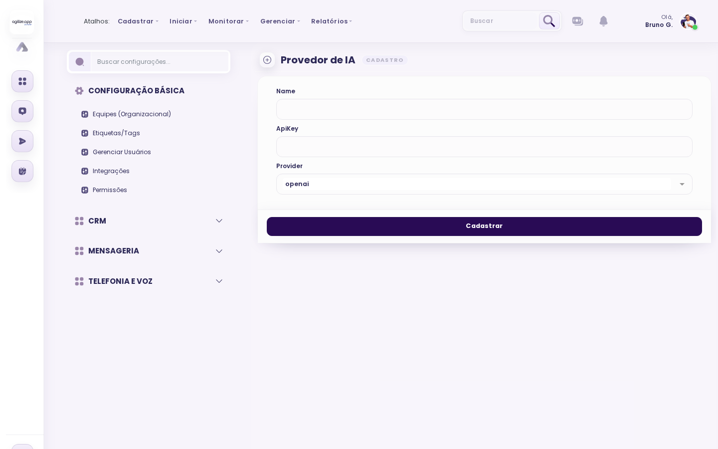 Cadastro de conta de provedor de IA com nome, chave de API e provider