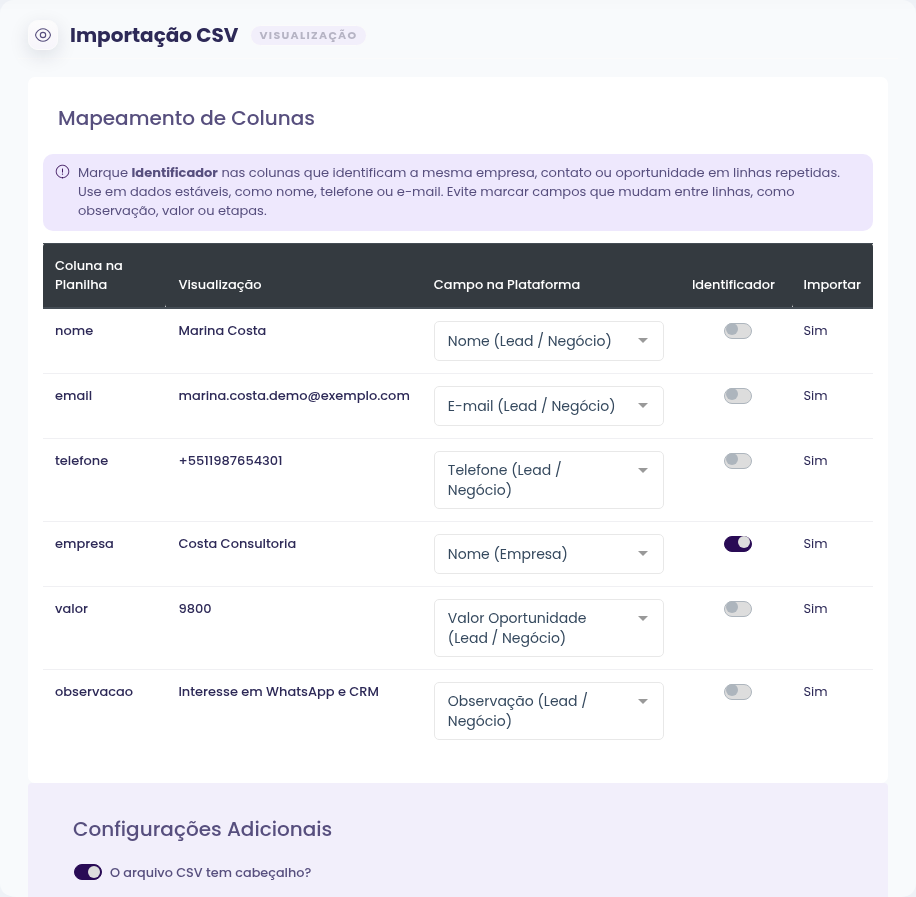 Mapeamento de colunas do CSV para campos de lead, empresa e oportunidade