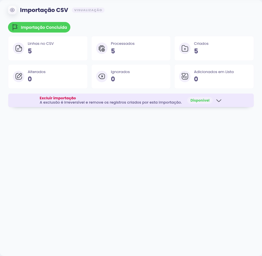 Resultado da importação com totais de linhas, processados, criados, alterados e ignorados
