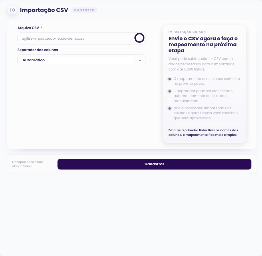 Tela de importação em lote com CSV selecionado e separador automático