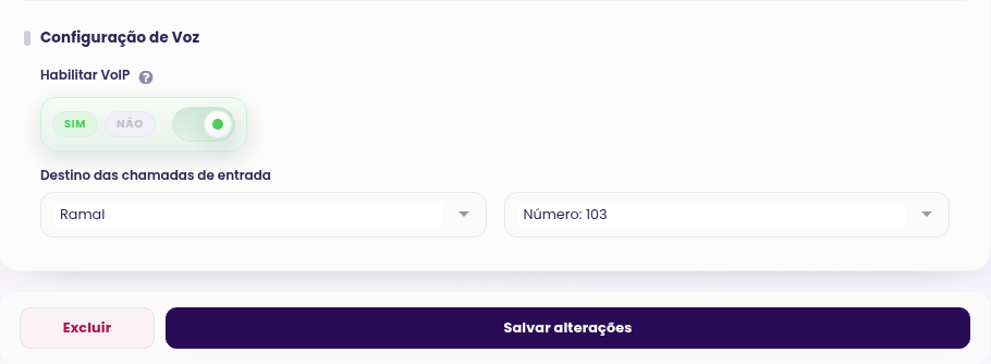 Configuração de Voz da conta do WhatsApp com VoIP habilitado, destino de entrada Ramal 103 e botão Salvar alterações