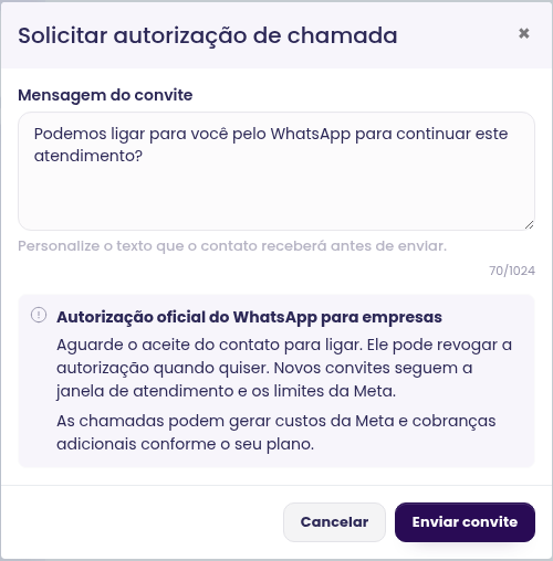 Modal Solicitar autorização de chamada com mensagem personalizável, orientação sobre o aceite e botão Enviar convite