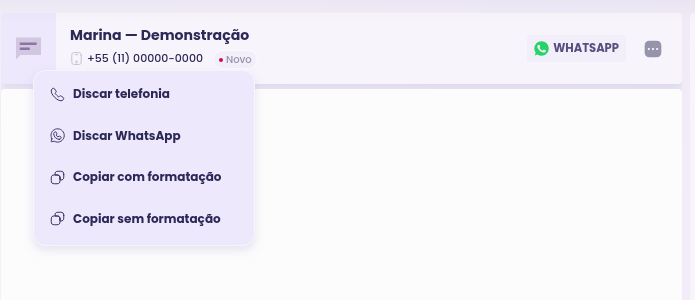 Menu do telefone após a autorização, com a opção Discar WhatsApp disponível