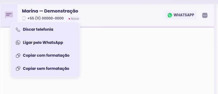 Menu do telefone no cabeçalho da conversa com as opções Discar telefonia e Ligar pelo WhatsApp